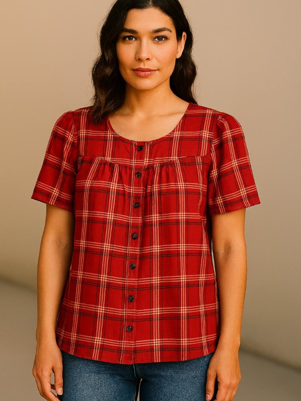 Madewell Rust Colored Plaid Puff Sleeve Button Up Blouse Shirt Size XS